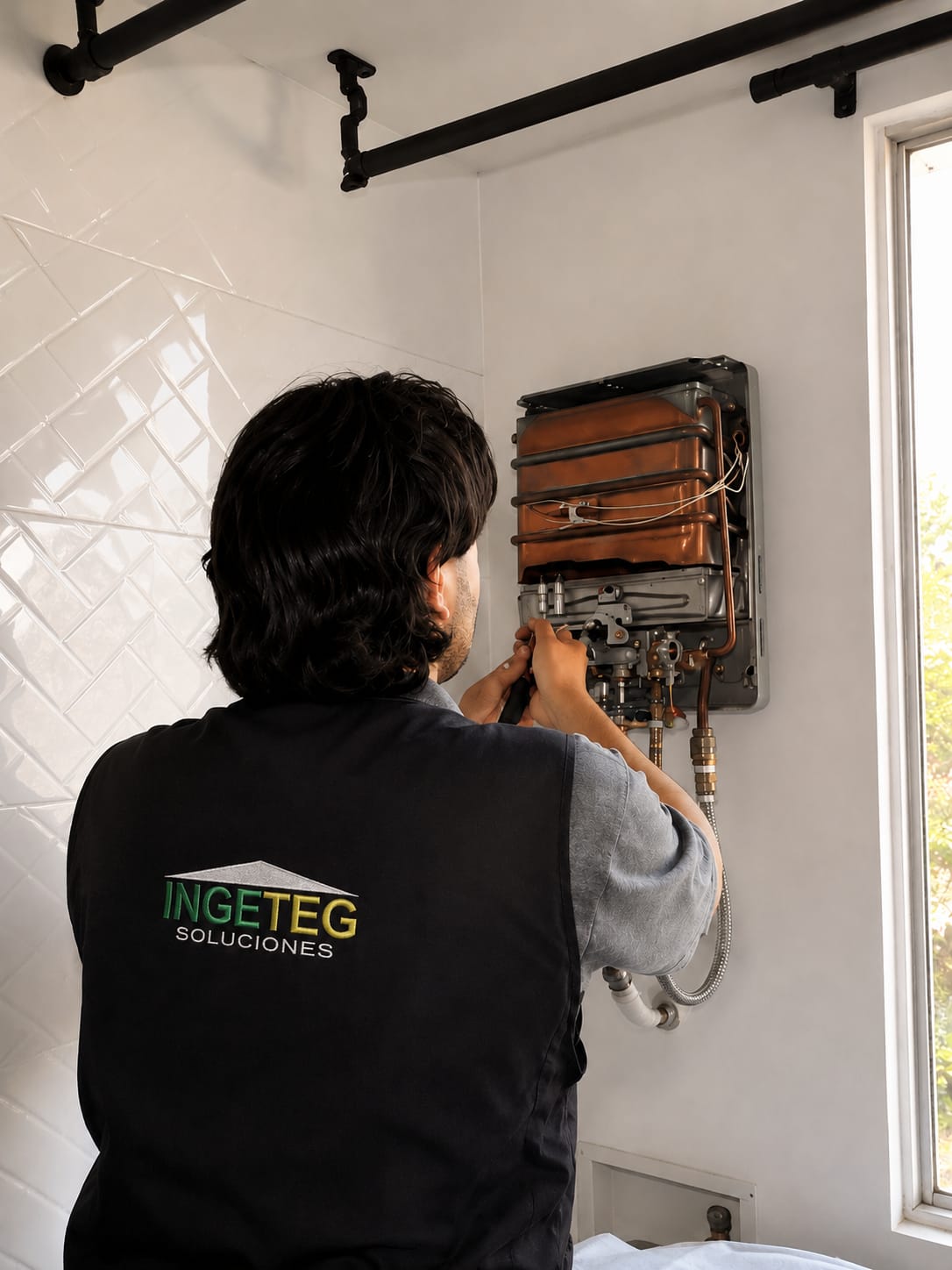 Técnico Ingeteg reparando calentador de agua a gas en Medellín